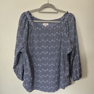 LOFT Navy And White Striped Lightweight Eyelet Coastal Beachy Flowy Summer LG